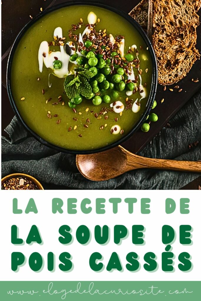 Bol de soupe de pois cassés onctueuse avec filet d'huile d'olive et gouttes de piment rouge